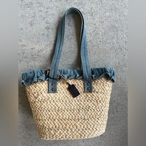 Vintage polo Ralph Lauren denim straw wicker rattan bucket bag purse blue tan